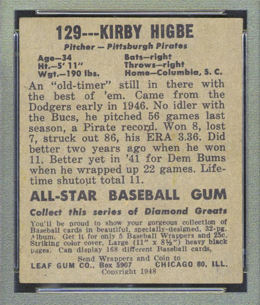 1948-1949 Leaf #129 Kirby Higbe Pittsburgh Pirates - Back