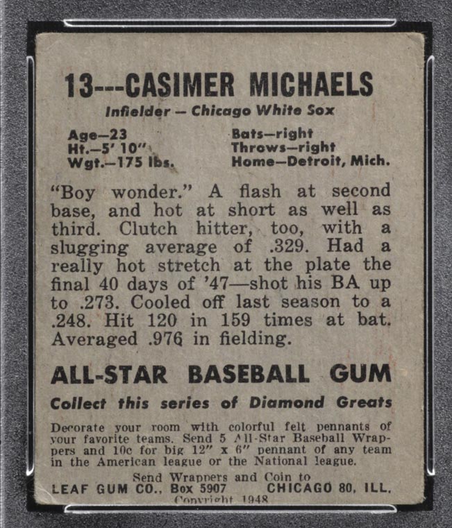 1948-1949 Leaf #13 Casimer Michaels Chicago White Sox - Back