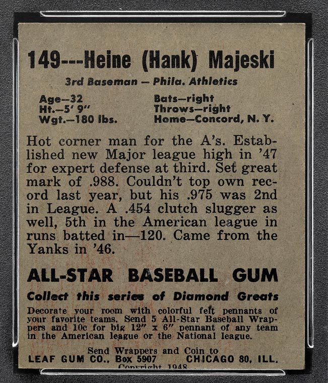 1948-1949 Leaf #149 Hank Majeski Philadelphia Athletics - Back