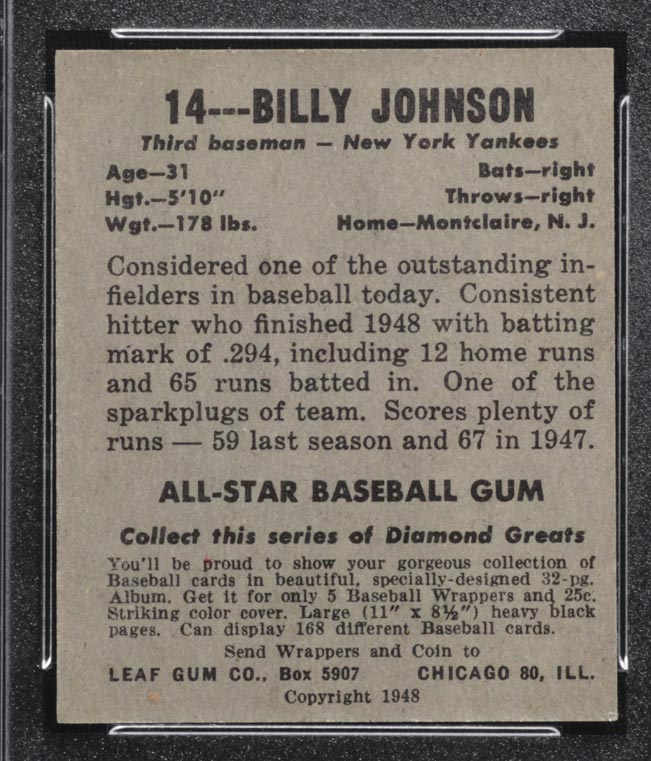 1948-1949 Leaf #14 Billy Johnson New York Yankees - Back