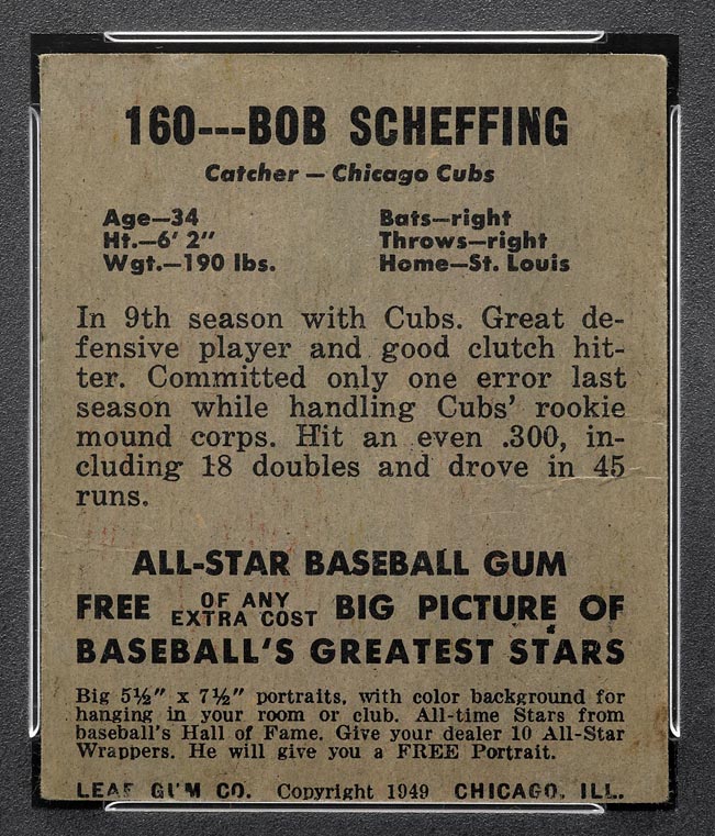 1948-1949 Leaf #160 Bob Scheffing Chicago Cubs - Back