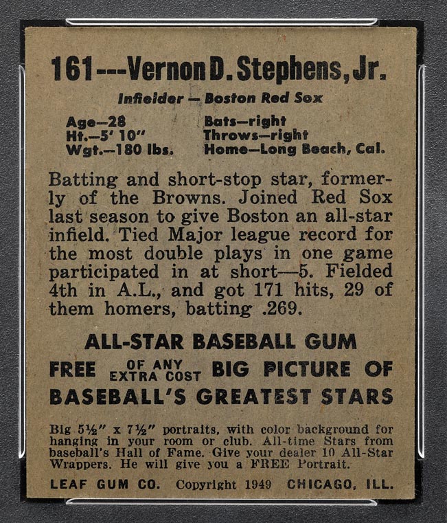 1948-1949 Leaf #161 Vernon Stephens Boston Red Sox - Back