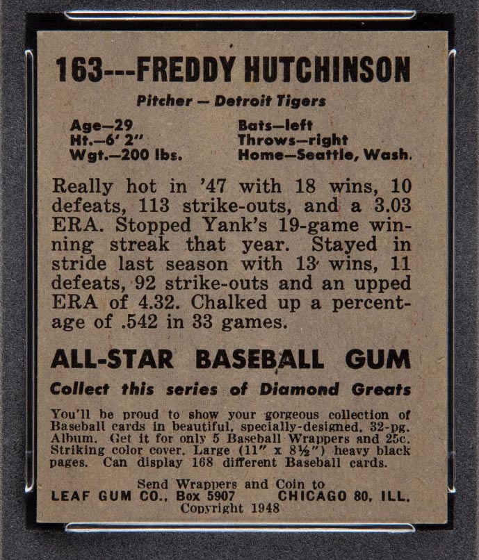 1948-1949 Leaf #163 Freddy Hutchinson Detroit Tigers - Back