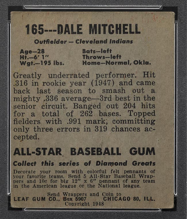 1948-1949 Leaf #165 Dale Mitchell Cleveland Indians - Back