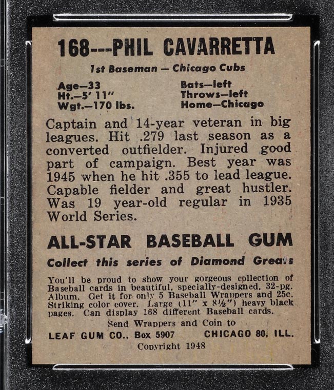 1948-1949 Leaf #168 Phil Cavaretta Chicago Cubs - Back