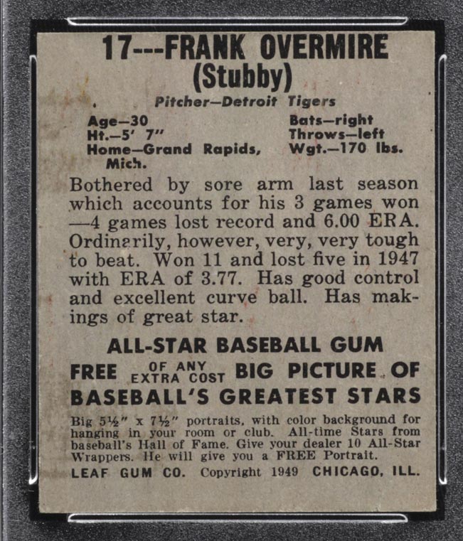 1948-1949 Leaf #17 Frank Overmire Detroit Tigers - Back
