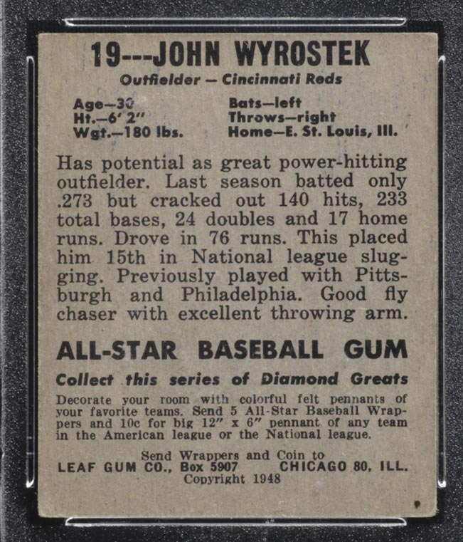 1948-1949 Leaf #19 John Wyrostek Cincinnati Reds - Back