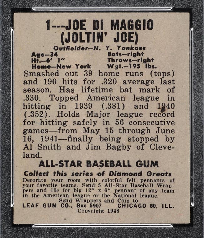 1948-1949 Leaf #1 Joe DiMaggio New York Yankees - Back