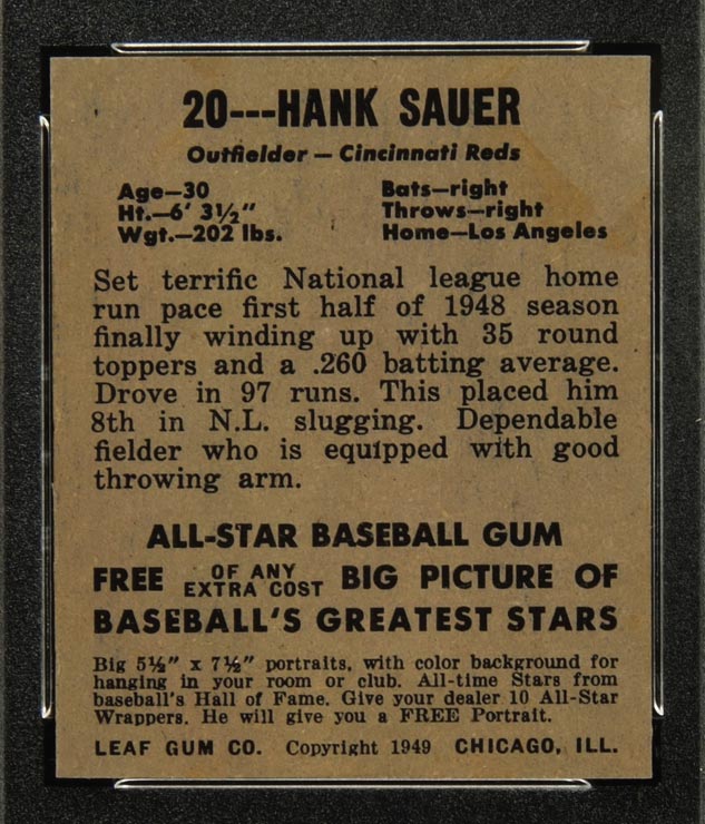 1948-1949 Leaf #20 Hank Sauer Cincinnati Reds - Back