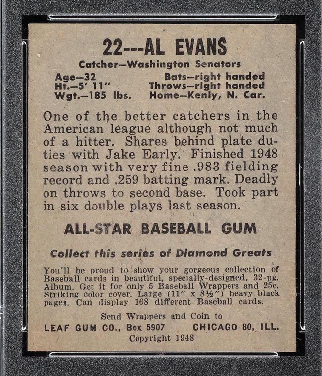 1948-1949 Leaf #22 Al Evans Washington Senators - Back