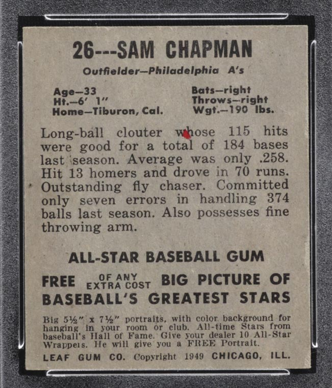 1948-1949 Leaf #26 Sam Chapman Philadelphia Athletics - Back