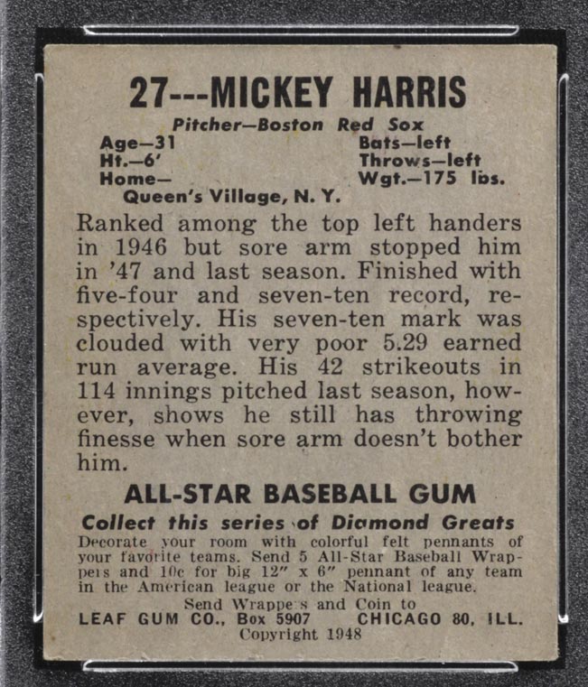 1948-1949 Leaf #27 Mickey Harris Boston Red Sox - Back