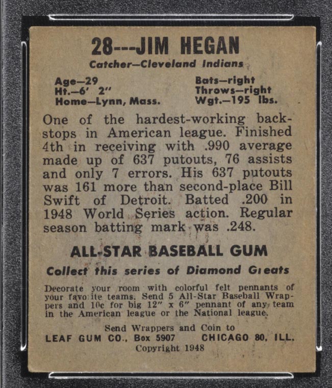 1948-1949 Leaf #28 Jim Hegan Cleveland Indians - Back