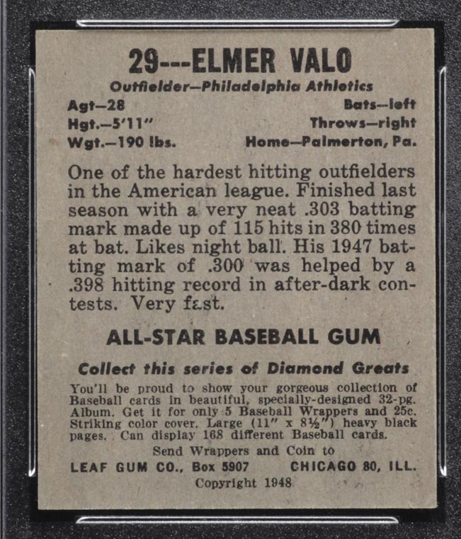 1948-1949 Leaf #29 Elmer Valo Philadelphia Athletics - Back