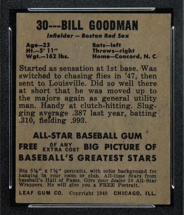 1948-1949 Leaf #30 Bill Goodman Boston Red Sox - Back
