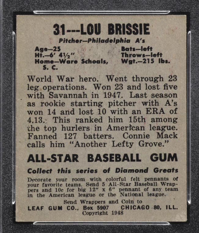 1948-1949 Leaf #31 Lou Brissie Philadelphia Athletics - Back