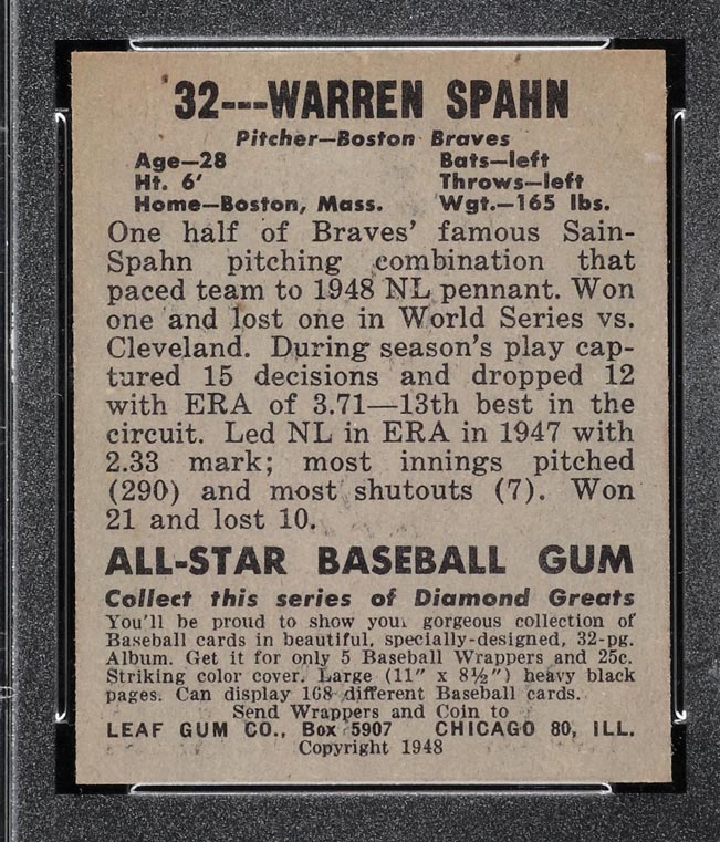 1948-1949 Leaf #32 Warren Spahn Boston Braves - Back