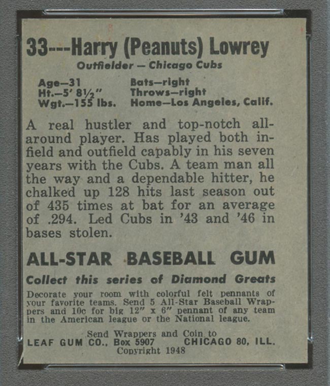 1948-1949 Leaf #33 Harry Lowrey Chicago Cubs - Back