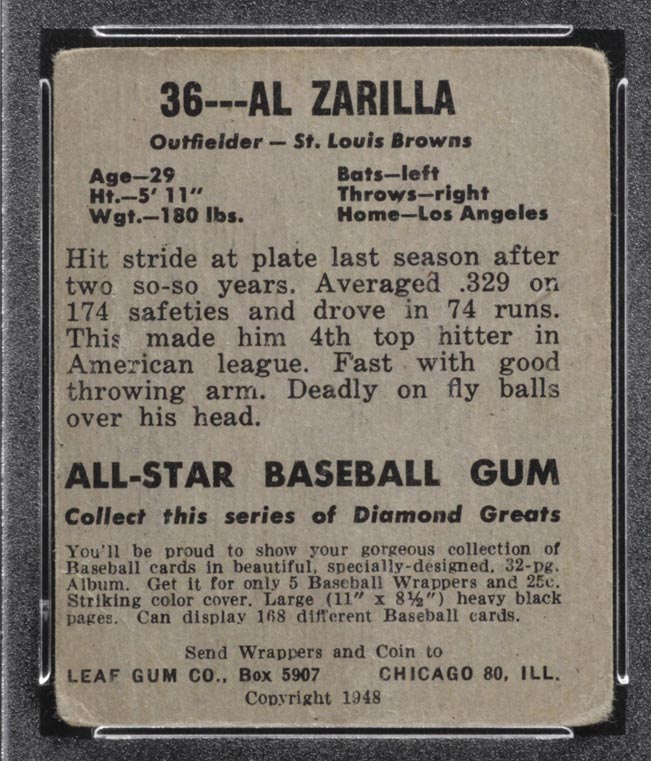 1948-1949 Leaf #36 Al Zarilla St. Louis Browns - Back