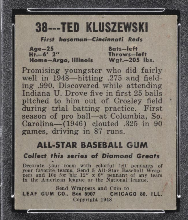 1948-1949 Leaf #38 Ted Kluszewski Cincinnati Reds - Back