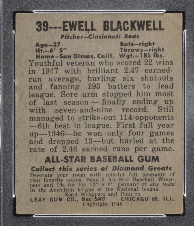 1948-1949 Leaf #39 Ewell Blackwell Cincinnati Reds - Back