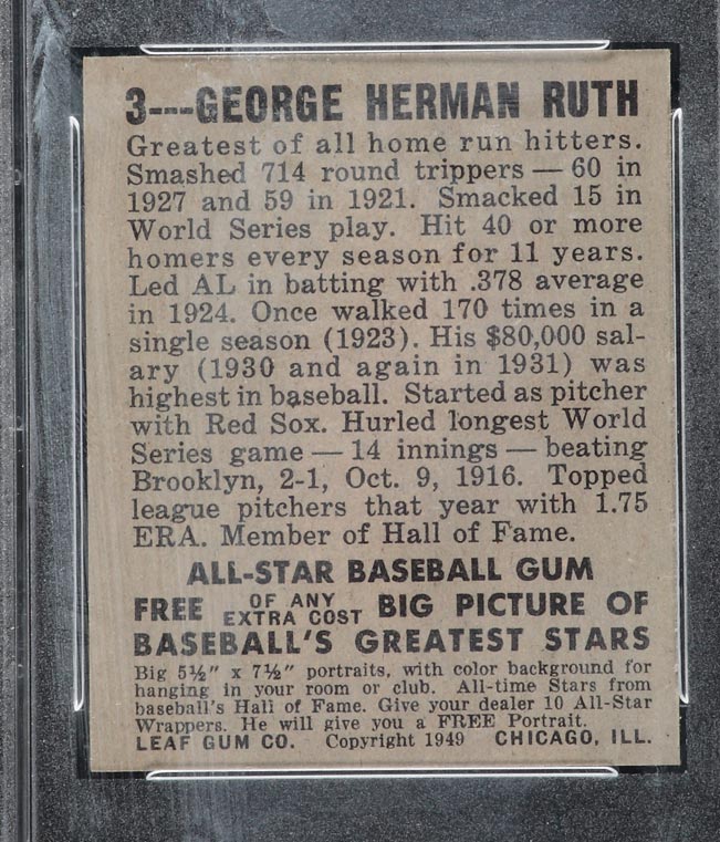1948-1949 Leaf #3 Babe Ruth New York Yankees - Back