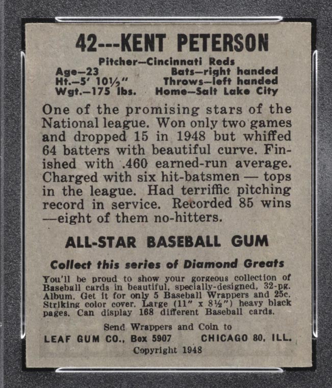 1948-1949 Leaf #42 Kent Peterson (Black Cap) Cincinnati Reds - Back