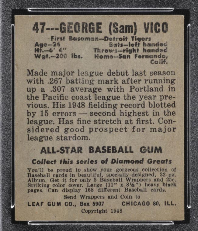 1948-1949 Leaf #47 George Vico Detroit Tigers - Back