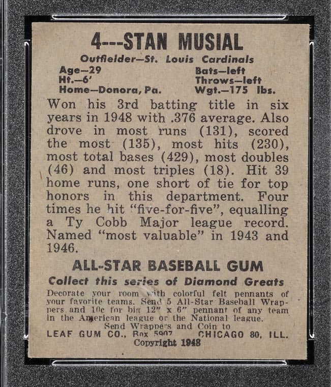 1948-1949 Leaf #4 Stan Musial St. Louis Cardinals - Back