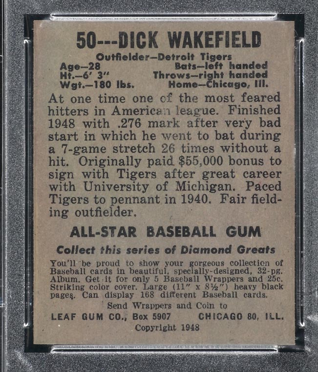 1948-1949 Leaf #50 Dick Wakefield Detroit Tigers - Back