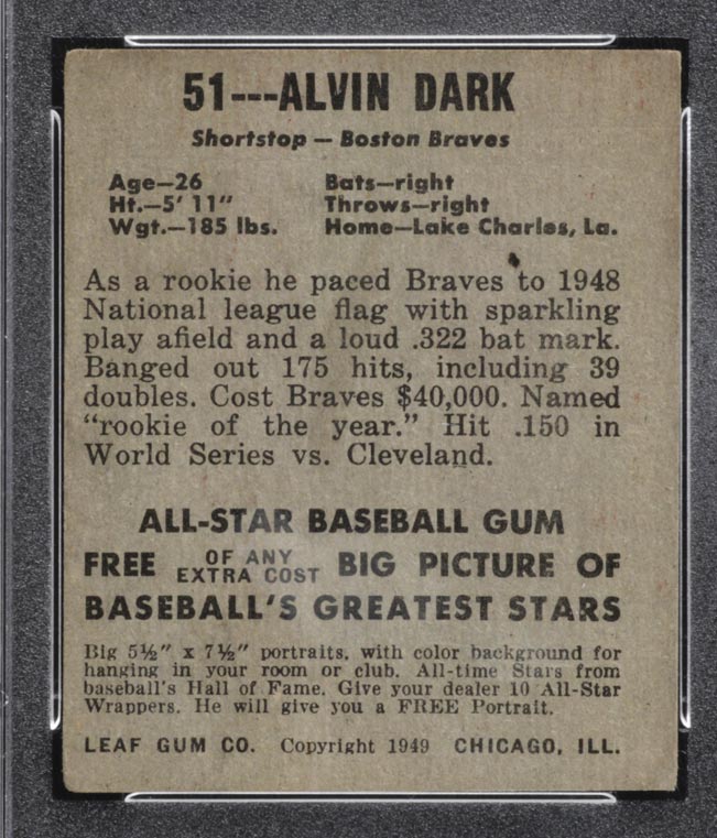 1948-1949 Leaf #51 Alvin Dark Boston Braves - Back