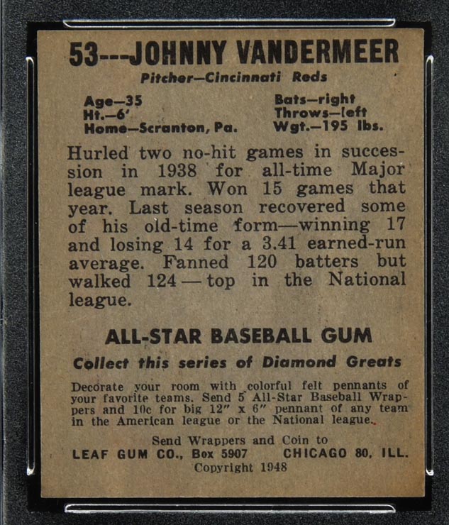 1948-1949 Leaf #53 John Vandermeer (Vander Meer) Cincinnati Reds - Back