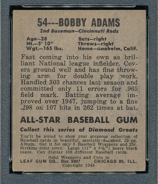 1948-1949 Leaf #54 Bobby Adams Cincinnati Reds - Back