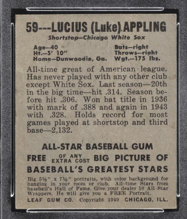 1948-1949 Leaf #59 Lucius Appling Chicago White Sox - Back