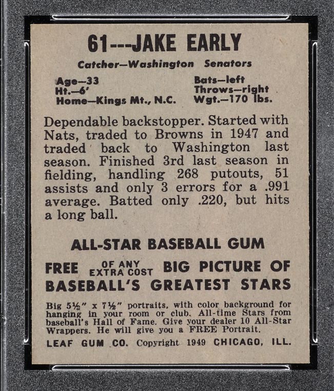 1948-1949 Leaf #61 Jake Early Washington Senators - Back