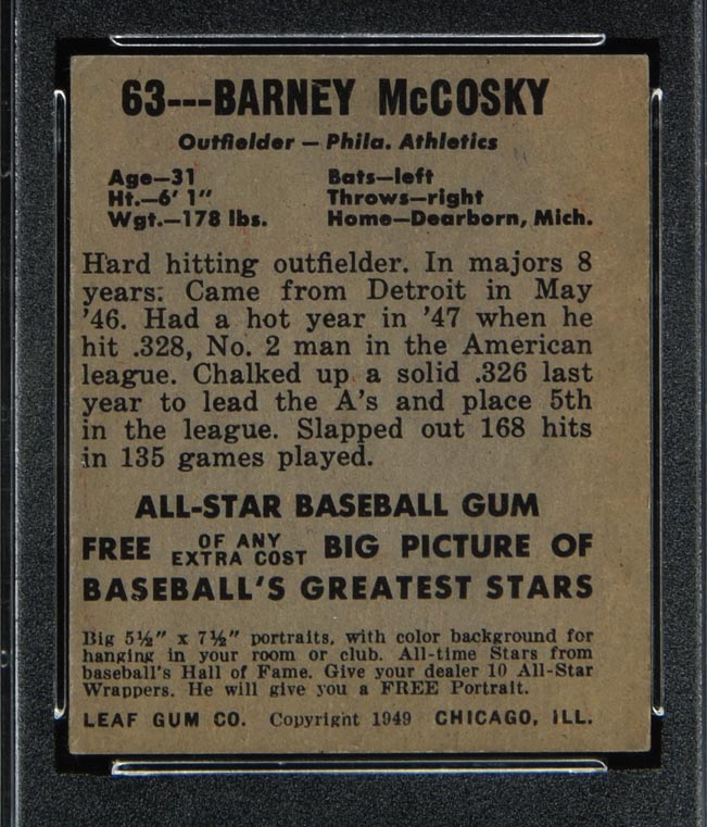 1948-1949 Leaf #63 Barney McCosky Philadelphia Athletics - Back