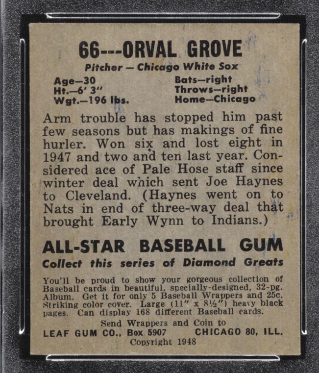 1948-1949 Leaf #66 Orval Grove Chicago White Sox - Back