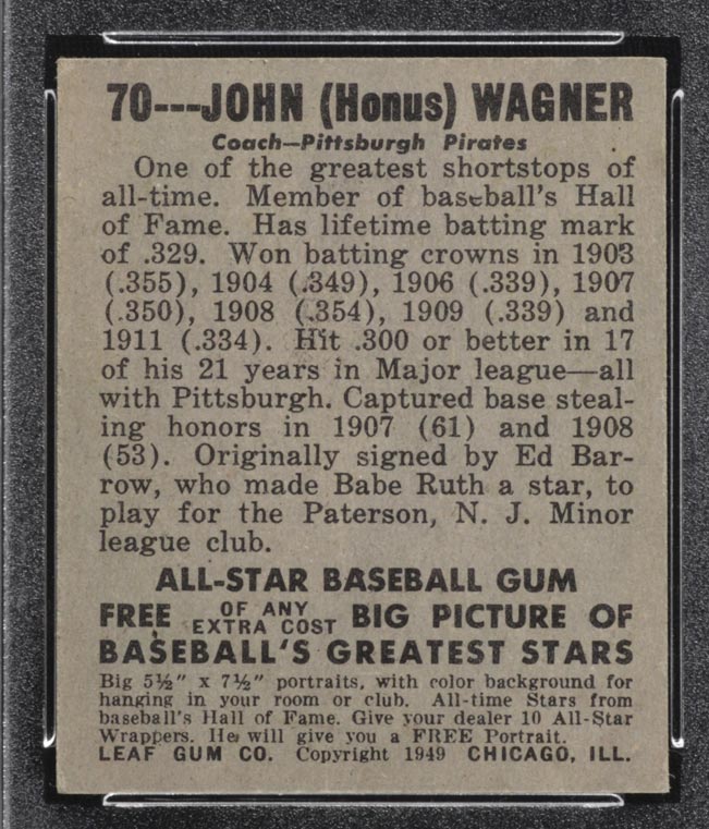 1948-1949 Leaf #70 Honus Wagner Pittsburgh Pirates - Back