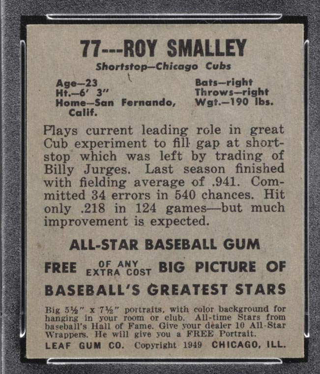 1948-1949 Leaf #77 Roy Smalley Chicago Cubs - Back