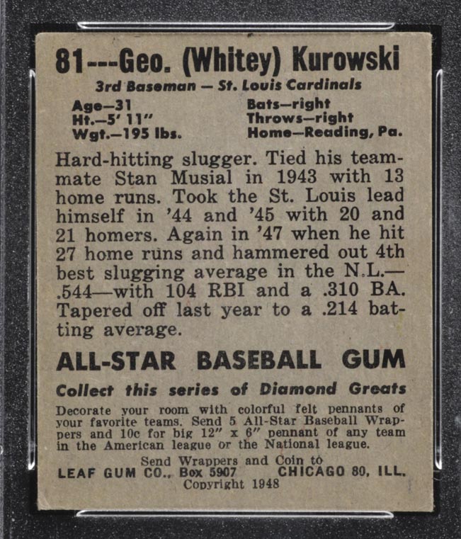 1948-1949 Leaf #81 George Kurowski St. Louis Cardinals - Back