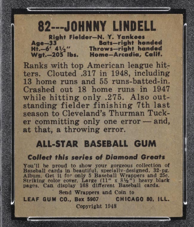 1948-1949 Leaf #82 Johnny Lindell New York Yankees - Back