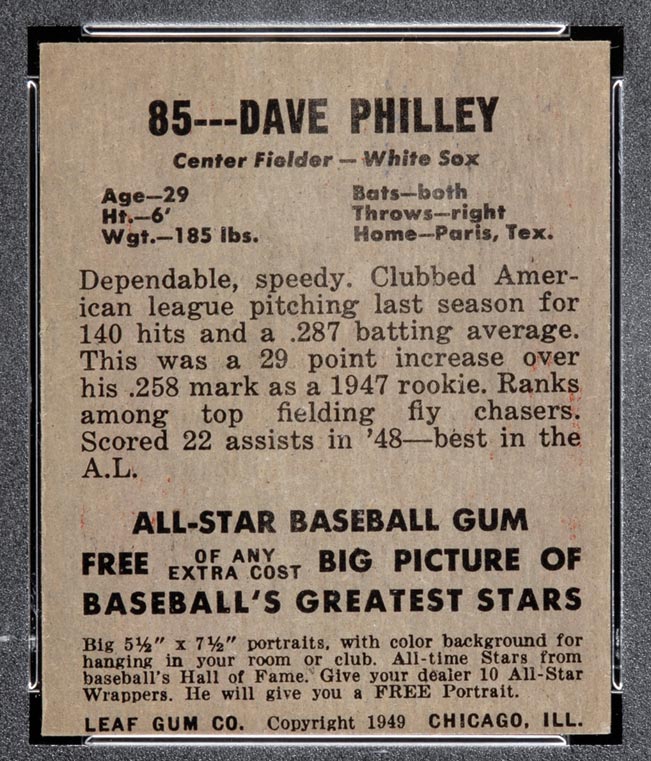 1948-1949 Leaf #85 Dave Philley Chicago White Sox - Back