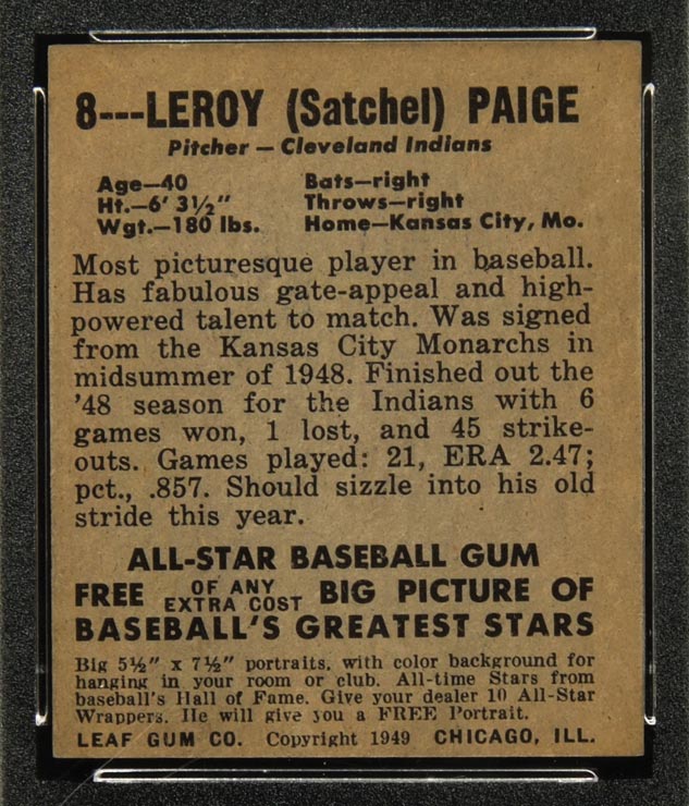 1948-1949 Leaf #8 Satchel Paige Cleveland Indians - Back