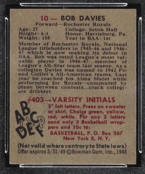 1948 Bowman #10 Bob Davies Rochester Royals - Back