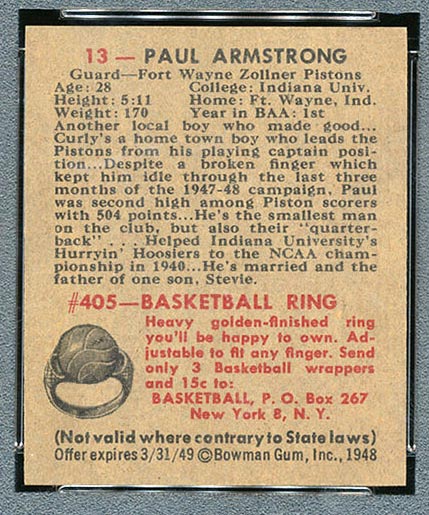 1948 Bowman #13 Paul Armstrong Fort Wayne Zollner Pistons - Back