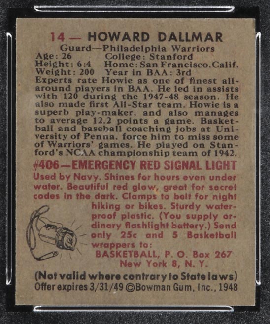 1948 Bowman #14 Howard Dallmar Philadelphia Warriors - Back