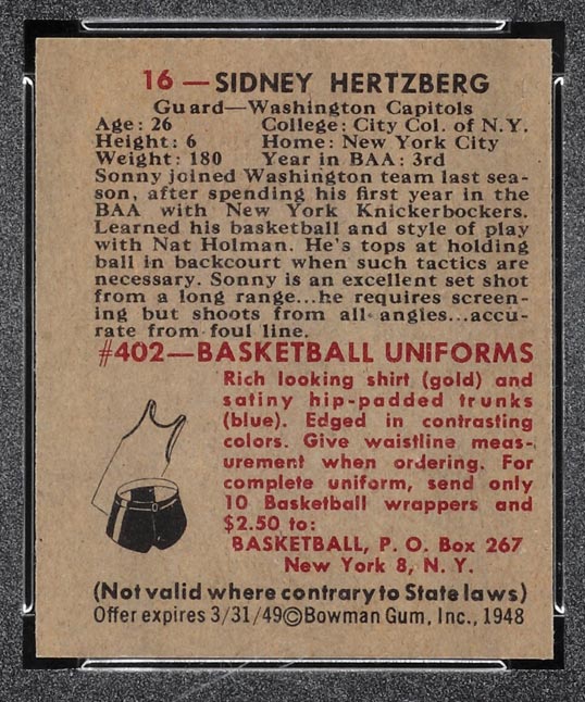 1948 Bowman #16 Sid Hertzberg Washington Capitols - Back