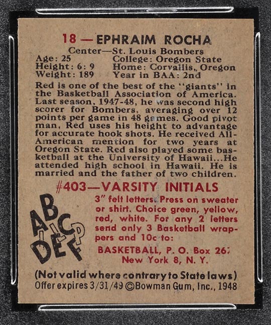 1948 Bowman #18 Ephraim Rocha St. Louis Bombers - Back