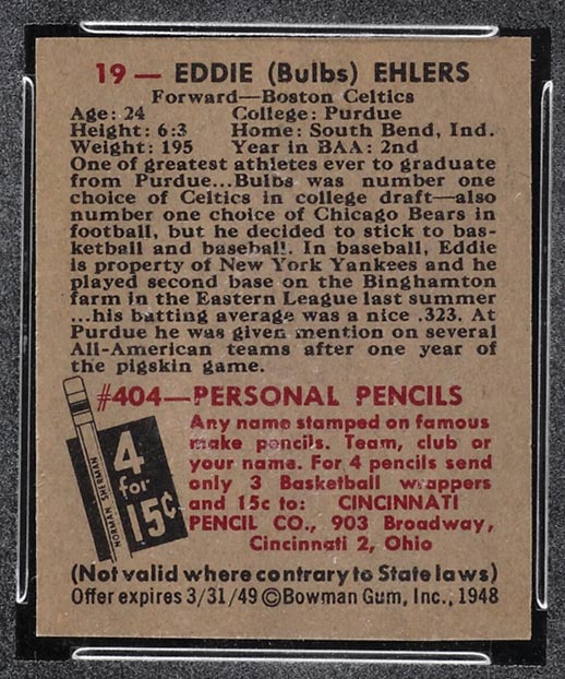 1948 Bowman #19 Eddie Ehlers Boston Celtics - Back