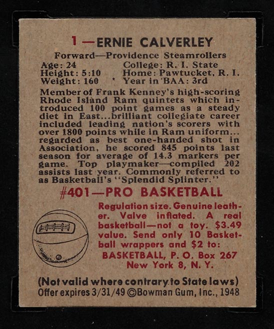 1948 Bowman #1 Ernie Calverley Providence Steamrollers - Back
